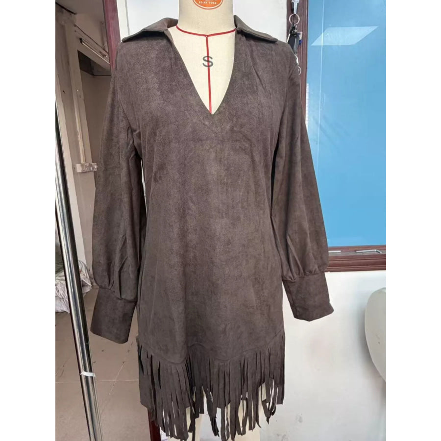 Fringed Lantern Sleeve Dress Apparel and Accessories