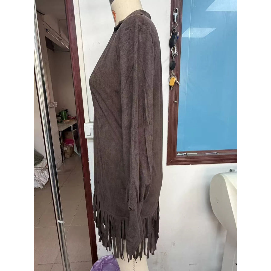 Fringed Lantern Sleeve Dress Apparel and Accessories