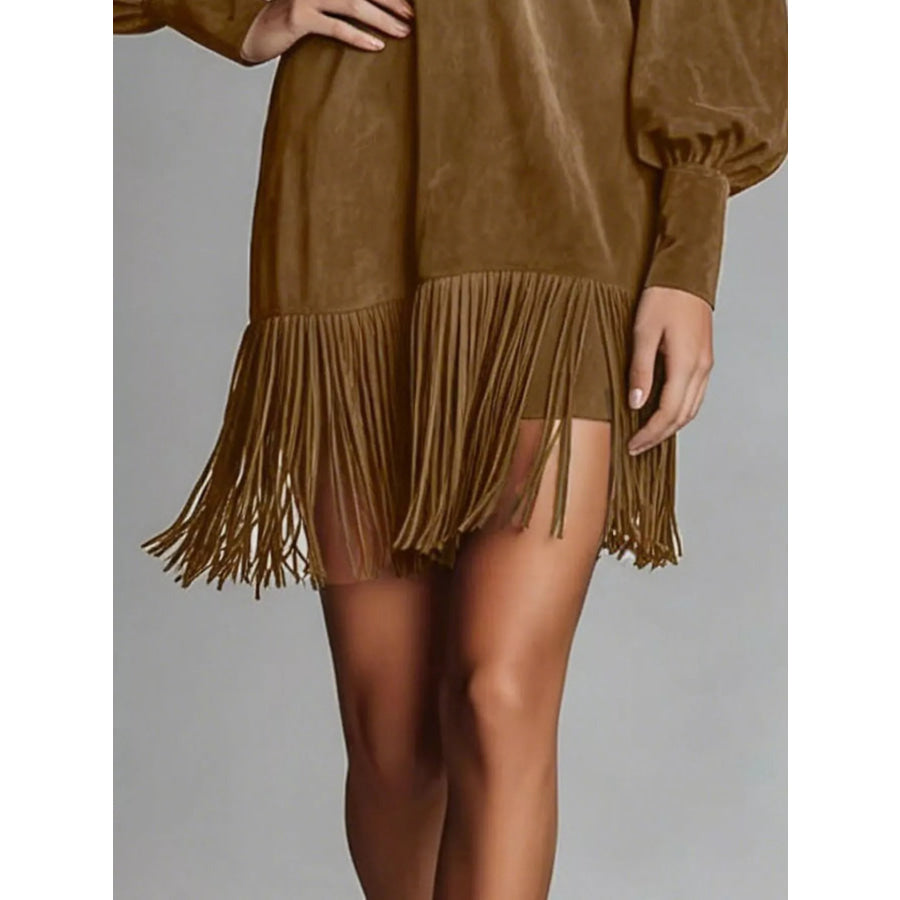 Fringed Lantern Sleeve Dress Apparel and Accessories