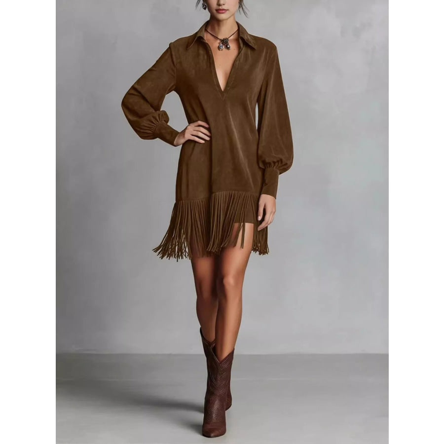 Fringed Lantern Sleeve Dress Brown / S Apparel and Accessories