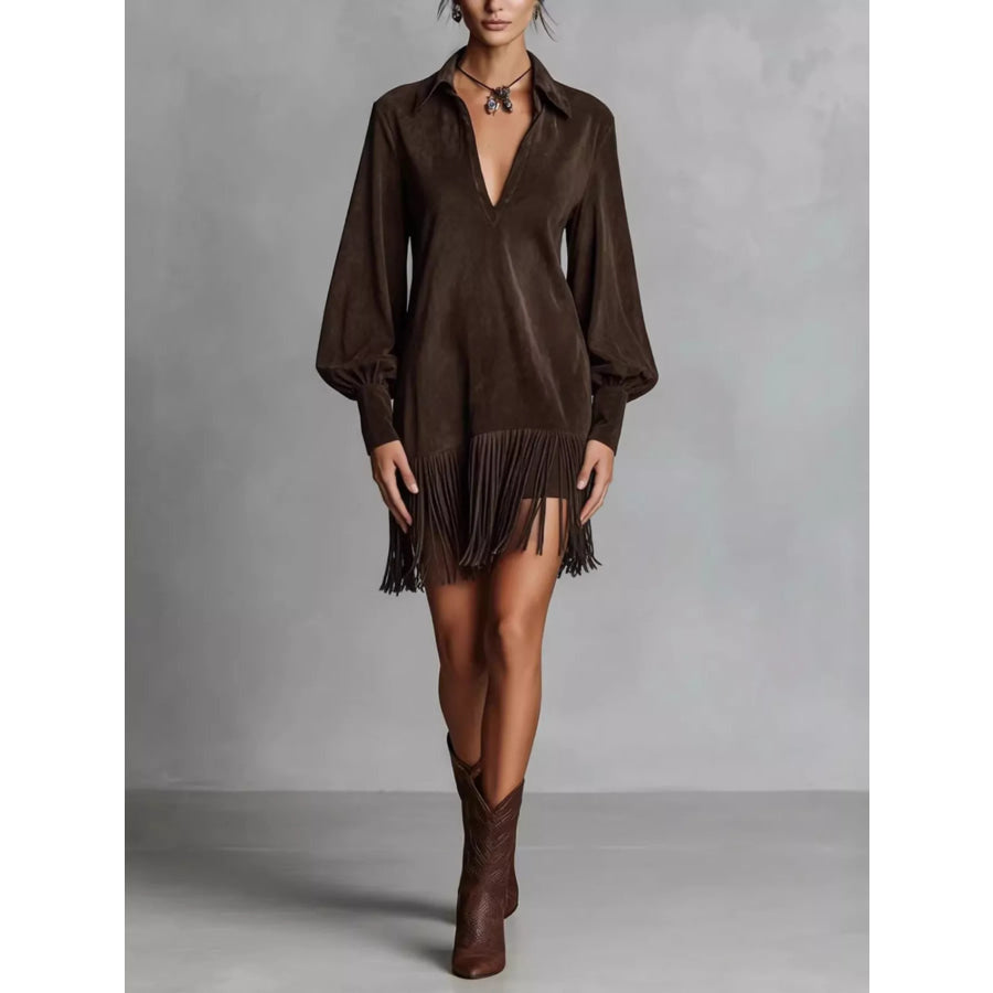 Fringed Lantern Sleeve Dress Coffee Brown / S Apparel and Accessories