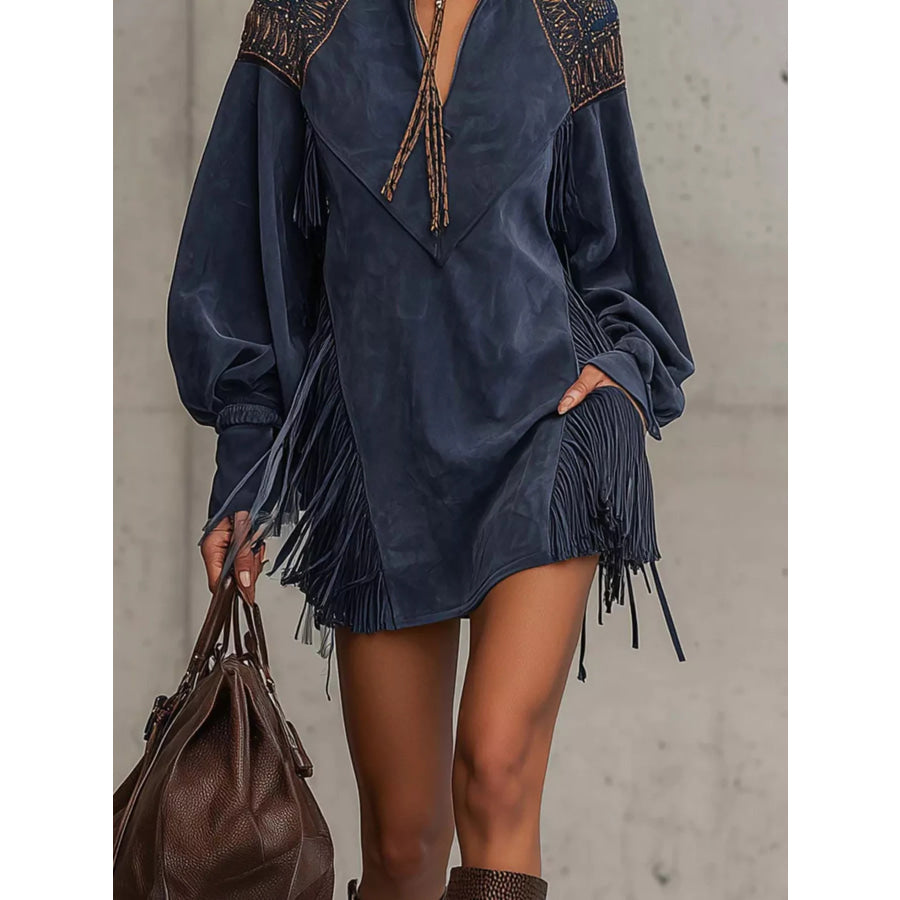 Fringed Lantern Sleeve Mini Dress Apparel and Accessories