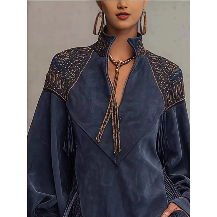 Fringed Lantern Sleeve Mini Dress Apparel and Accessories