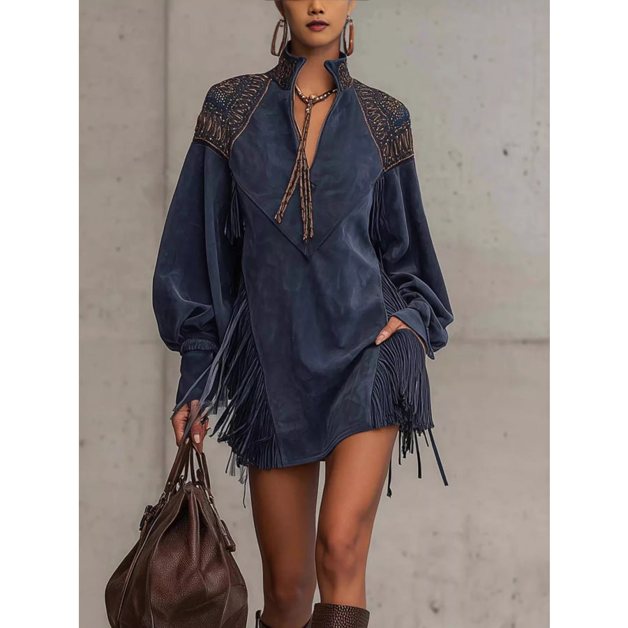 Fringed Lantern Sleeve Mini Dress Dark Navy / S Apparel and Accessories