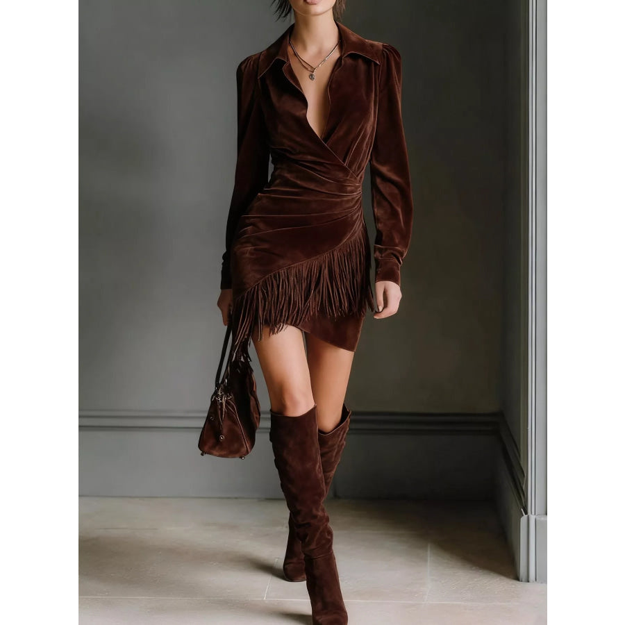 Fringed Long Sleeve Mini Dress Dark Brown / XS Apparel and Accessories