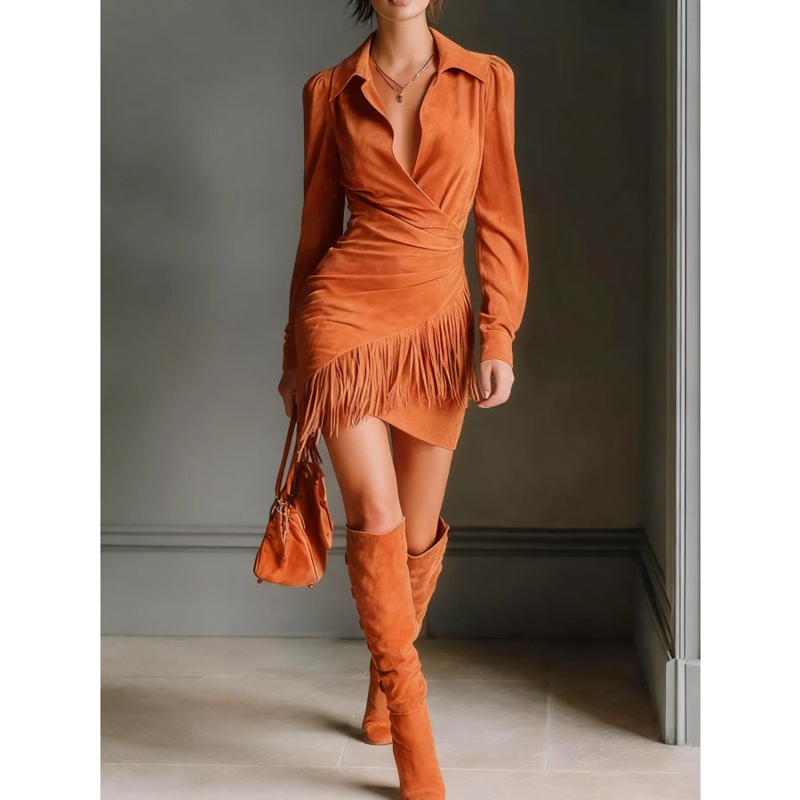 Fringed Long Sleeve Mini Dress Terracotta / XS Apparel and Accessories