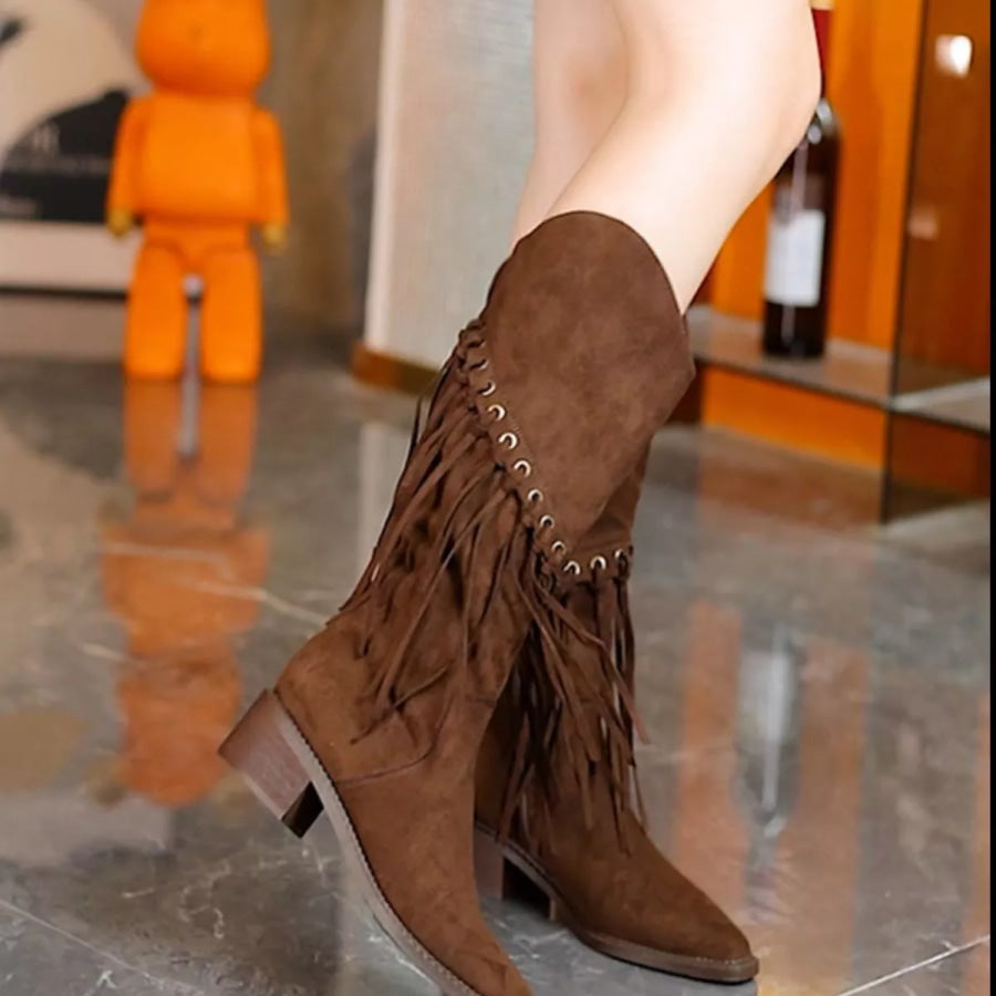 Fringed Point Toe Block Heel Boots Brown / 35 Apparel and Accessories