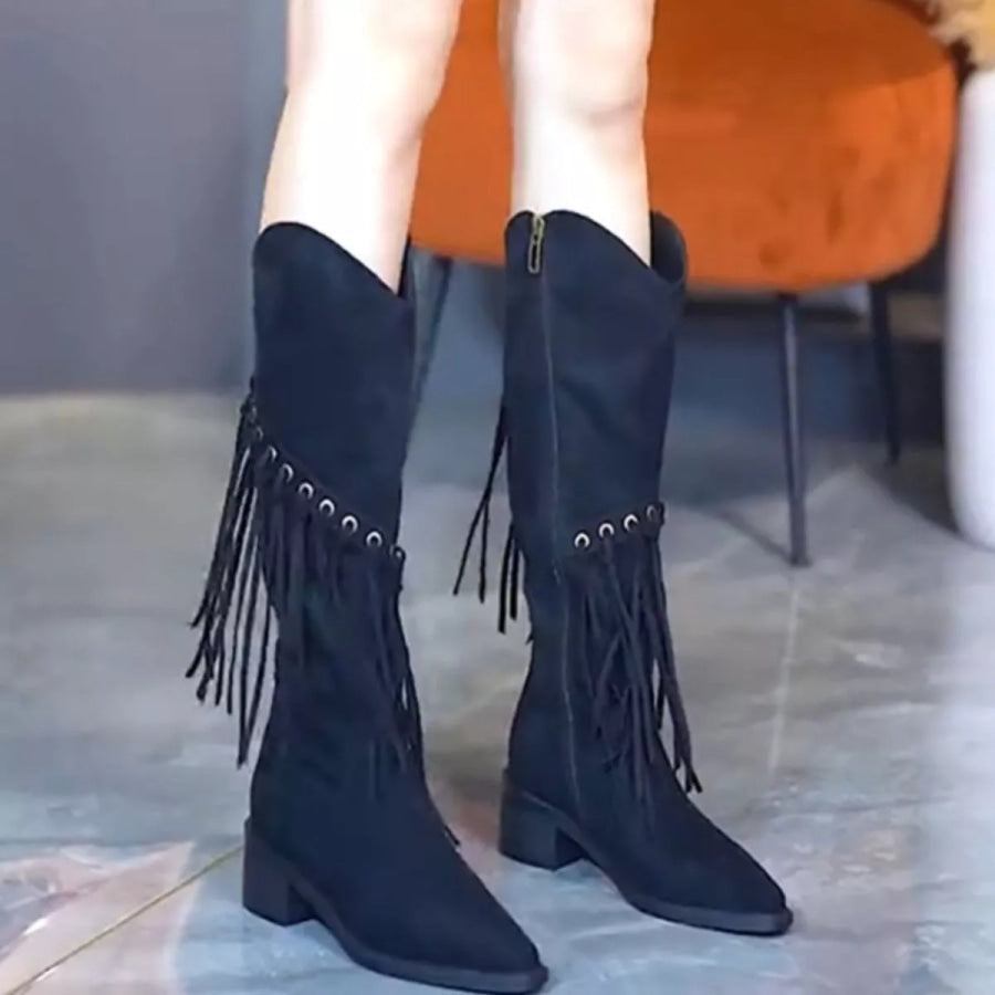 Fringed Point Toe Block Heel Boots Black / 35 Apparel and Accessories