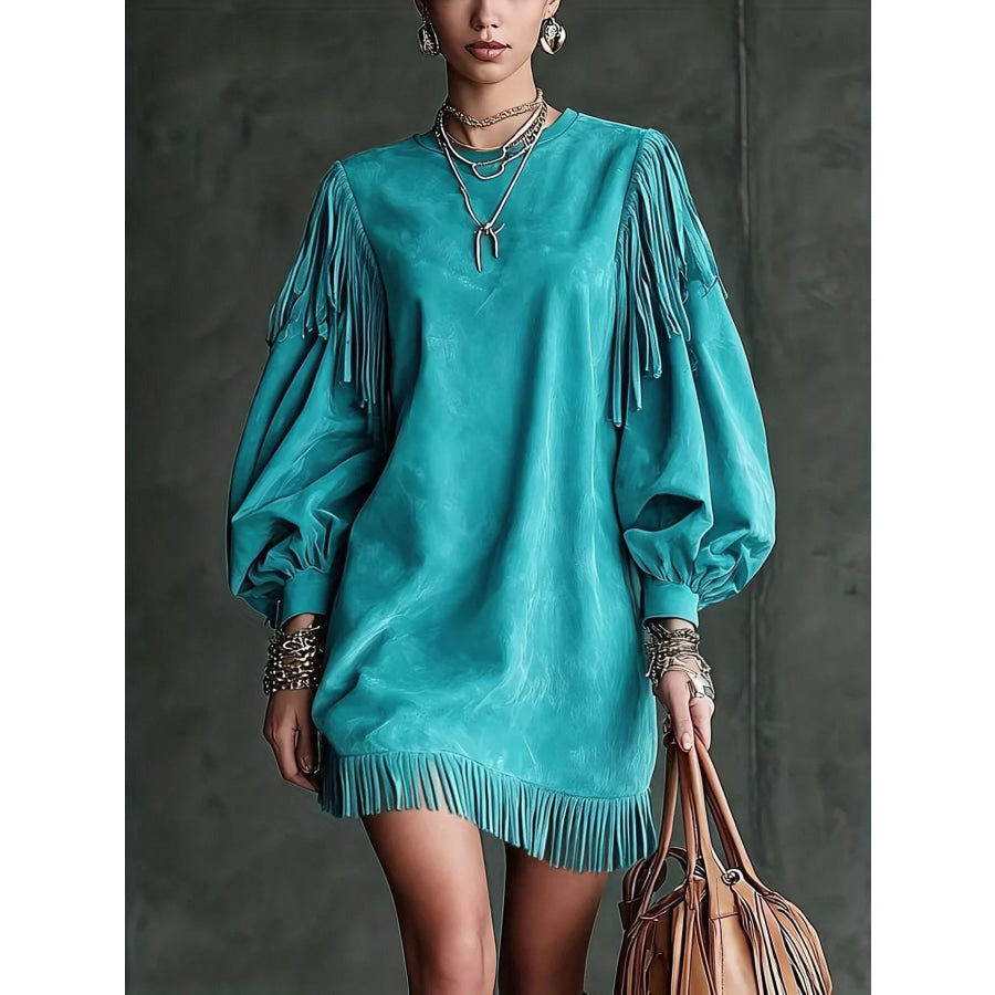 Fringed Puff Sleeve Mini Dress Air Force Blue / S Apparel and Accessories