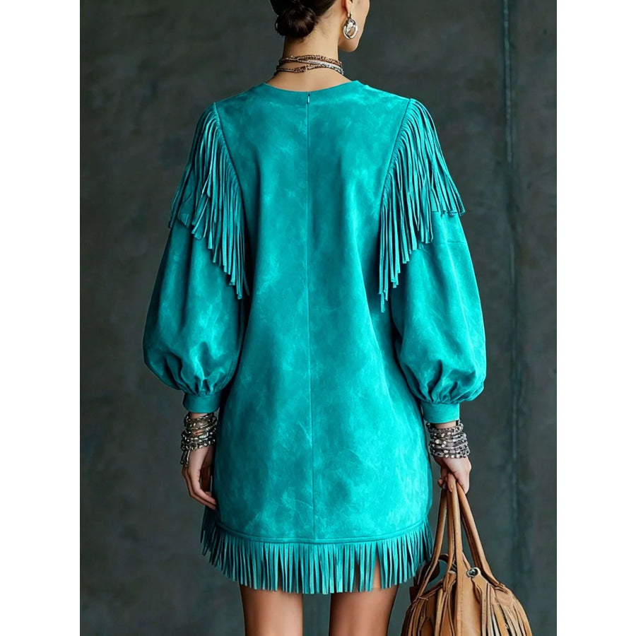 Fringed Puff Sleeve Mini Dress Apparel and Accessories