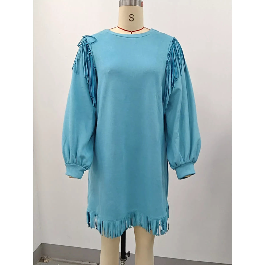 Fringed Puff Sleeve Mini Dress Apparel and Accessories