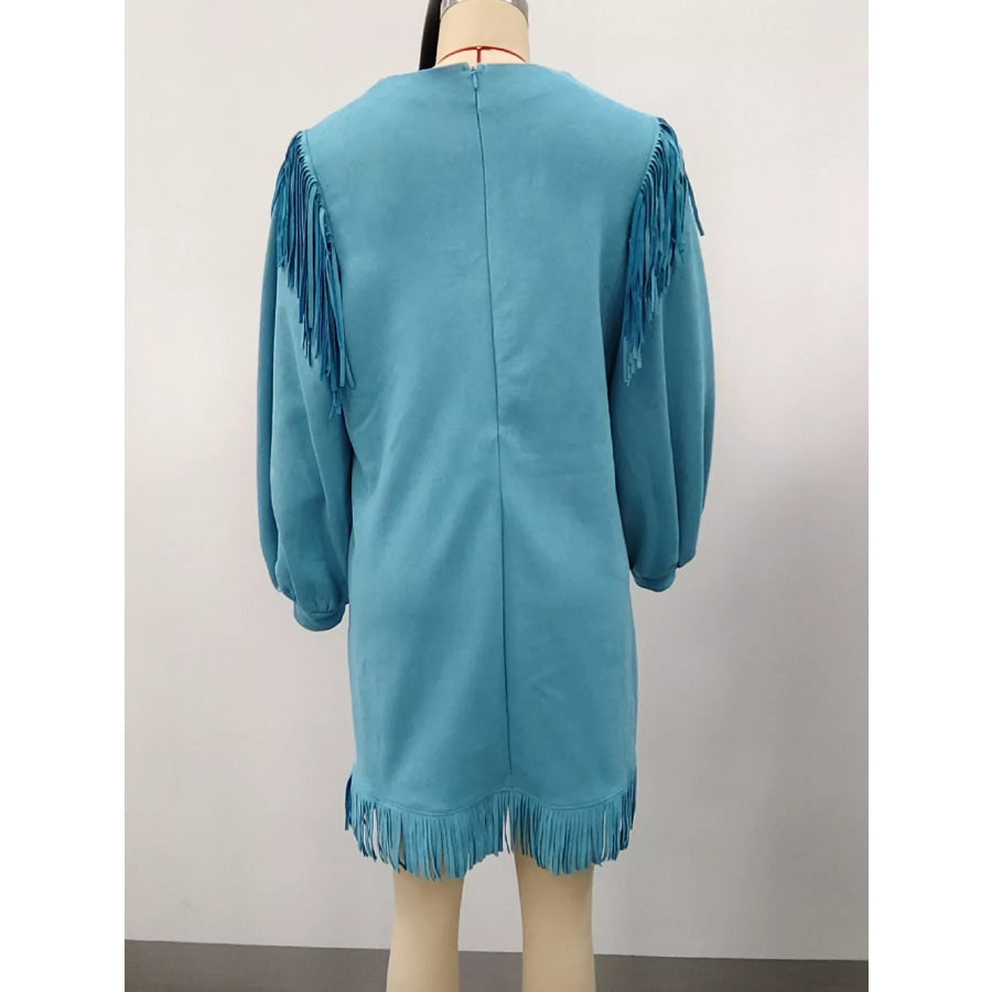 Fringed Puff Sleeve Mini Dress Apparel and Accessories