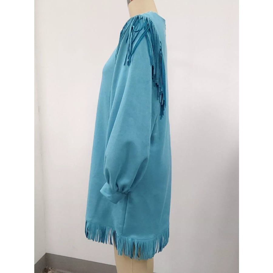 Fringed Puff Sleeve Mini Dress Apparel and Accessories
