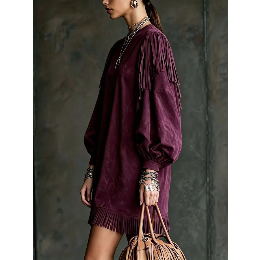 Fringed Puff Sleeve Mini Dress Apparel and Accessories