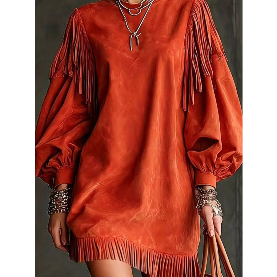 Fringed Puff Sleeve Mini Dress Apparel and Accessories