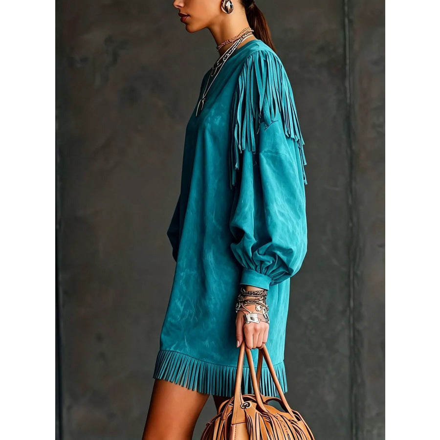 Fringed Puff Sleeve Mini Dress Apparel and Accessories