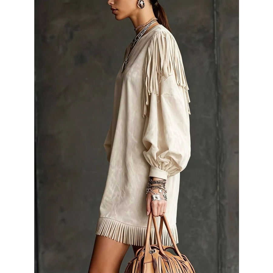 Fringed Puff Sleeve Mini Dress Apparel and Accessories