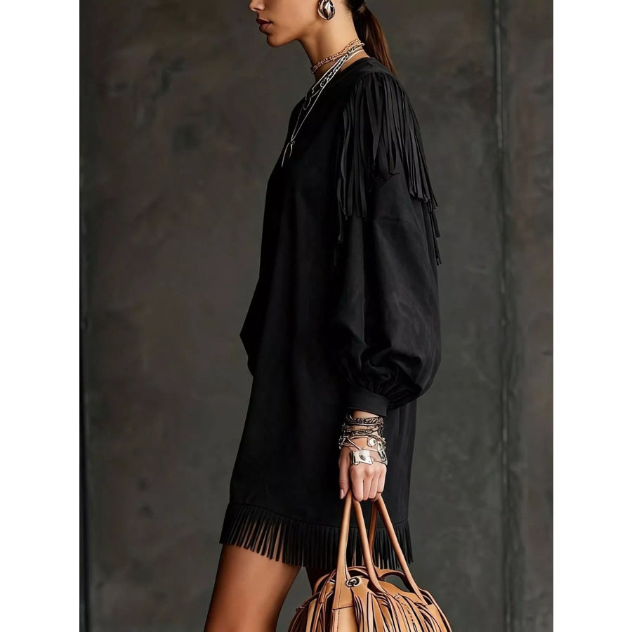 Fringed Puff Sleeve Mini Dress Apparel and Accessories