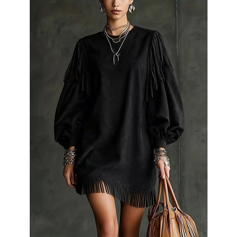 Fringed Puff Sleeve Mini Dress Black / S Apparel and Accessories