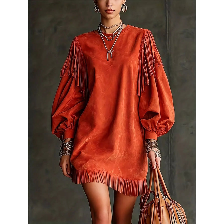 Fringed Puff Sleeve Mini Dress Rust / S Apparel and Accessories