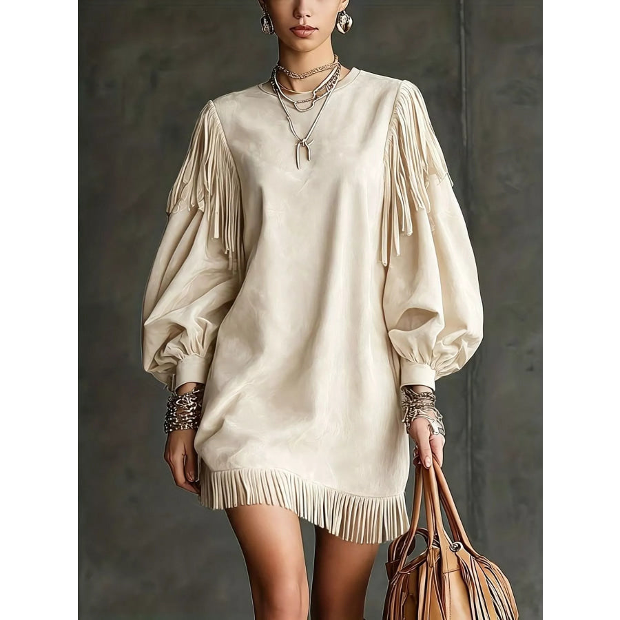 Fringed Puff Sleeve Mini Dress White / S Apparel and Accessories