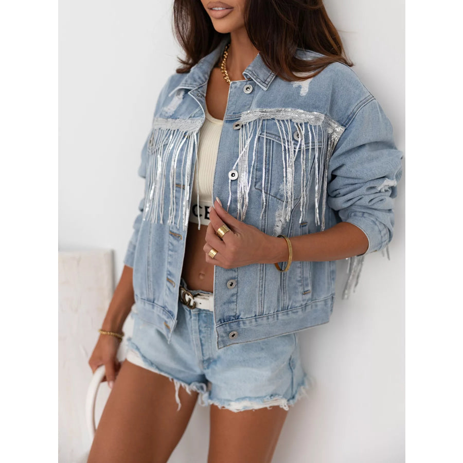Fringed Sequin Embellished Denim Jacket Apparel and Accessories