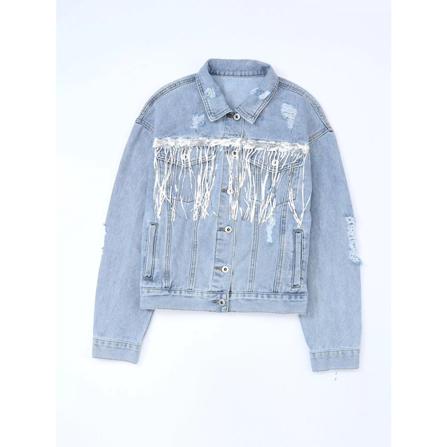 Fringed Sequin Embellished Denim Jacket Apparel and Accessories