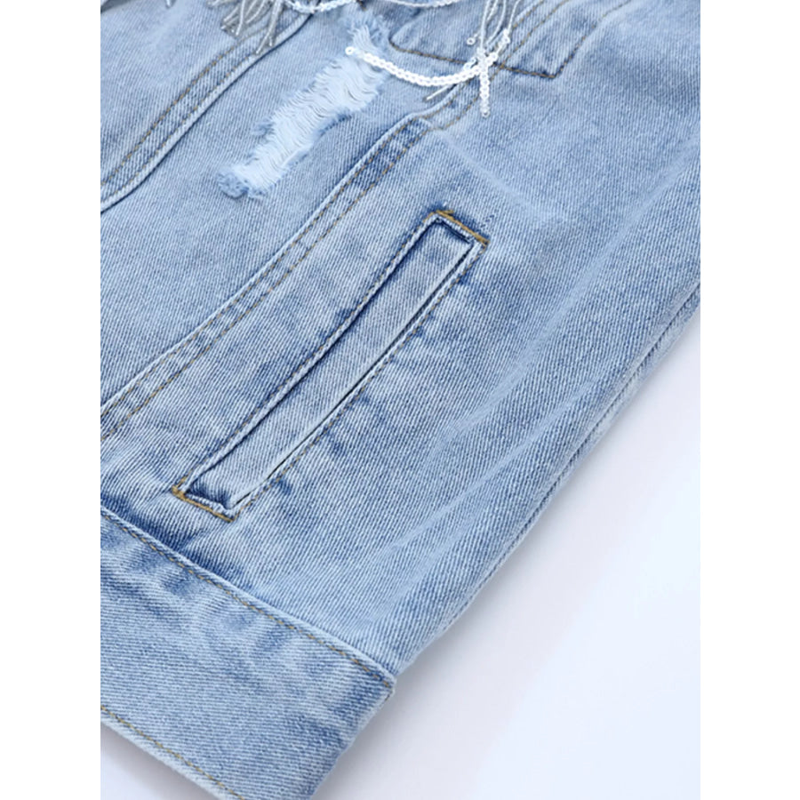 Fringed Sequin Embellished Denim Jacket Apparel and Accessories