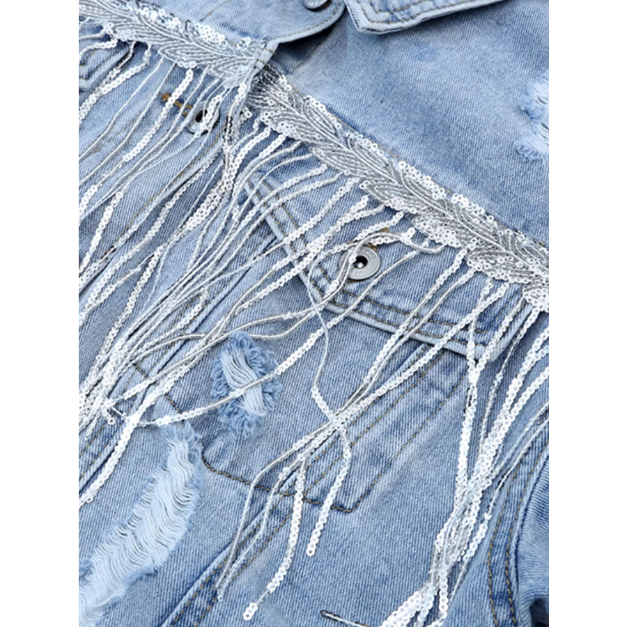 Fringed Sequin Embellished Denim Jacket Apparel and Accessories