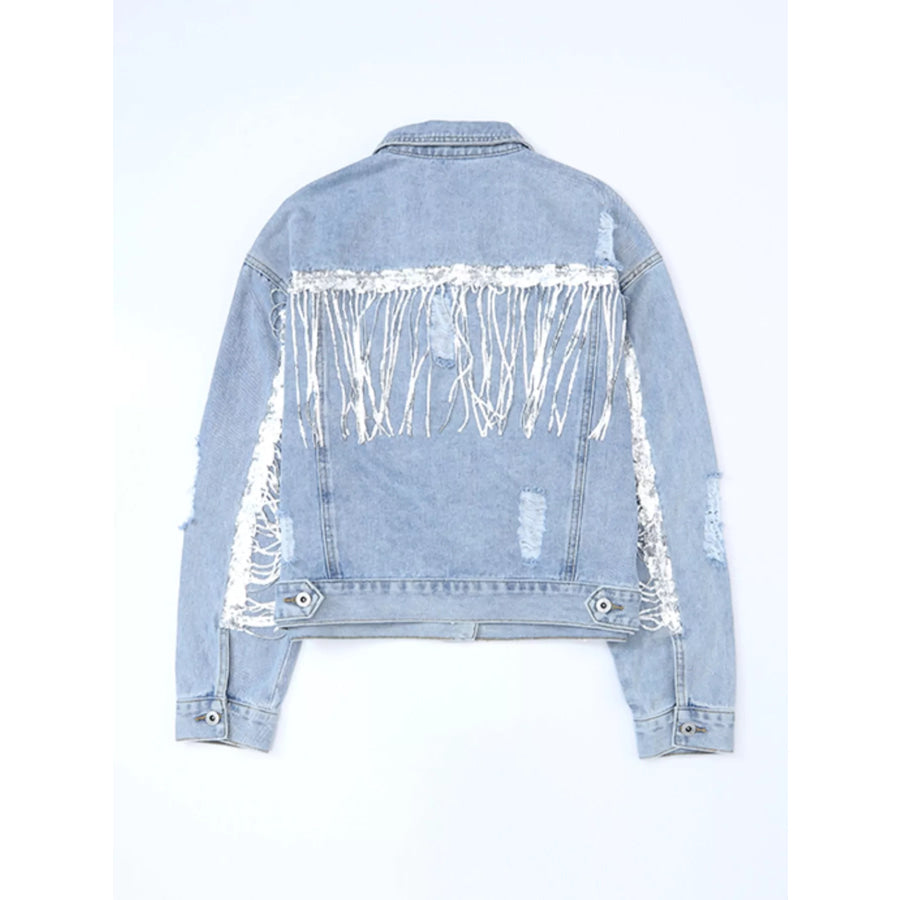 Fringed Sequin Embellished Denim Jacket Apparel and Accessories
