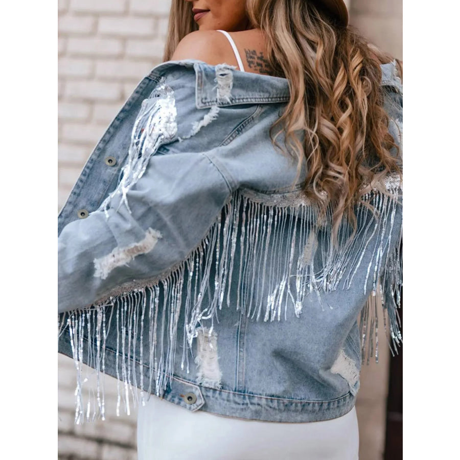 Fringed Sequin Embellished Denim Jacket Apparel and Accessories