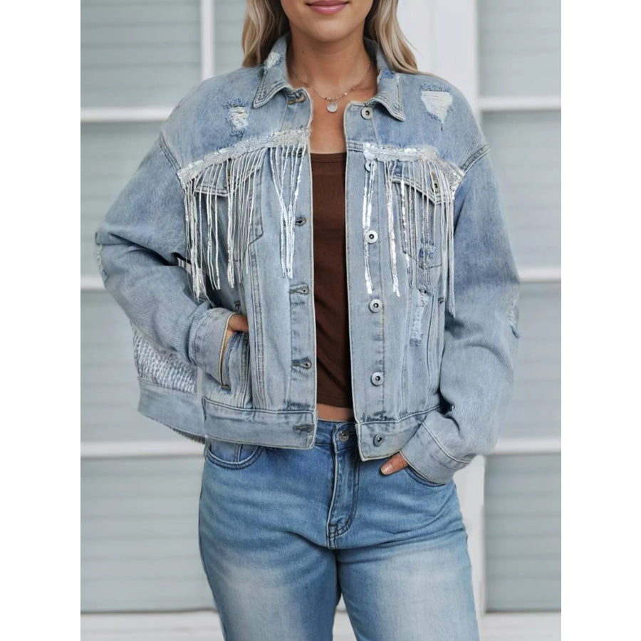 Fringed Sequin Embellished Denim Jacket Light Blue / S Apparel and Accessories