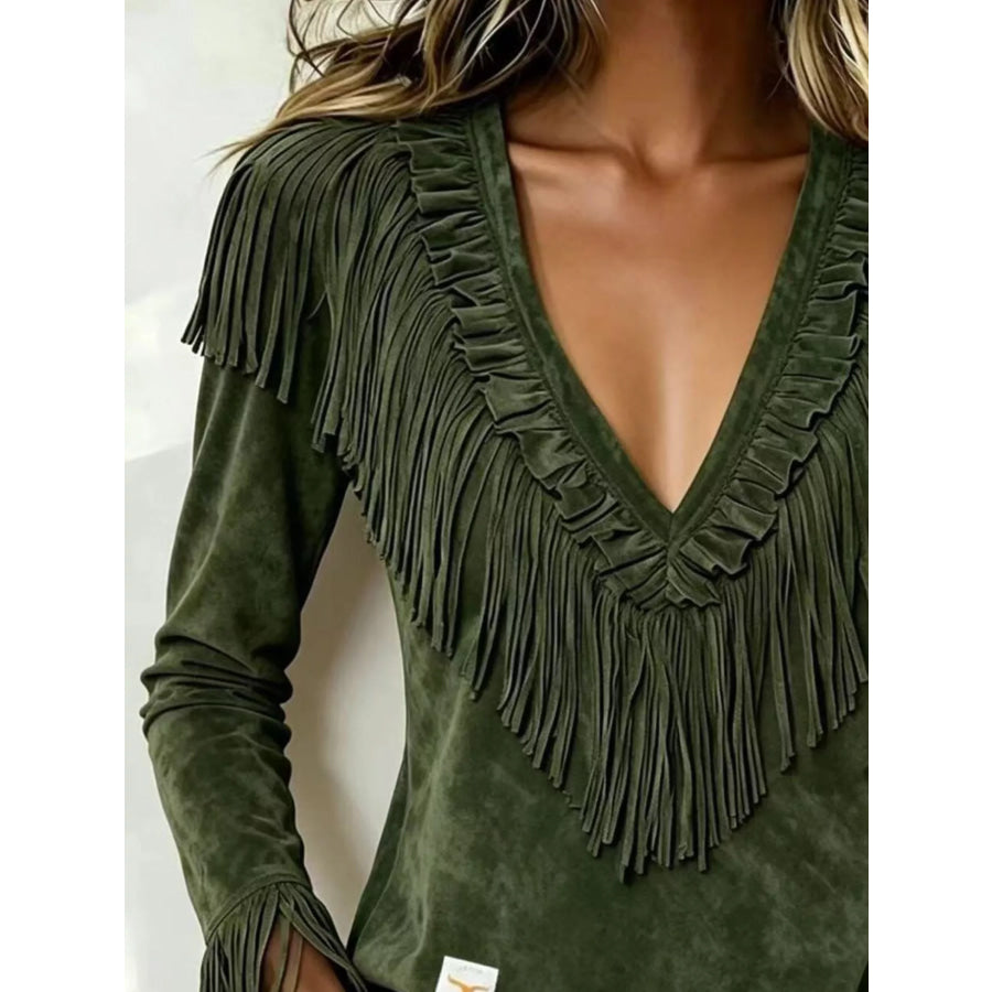 Fringed V-Neck Blouse Apparel and Accessories