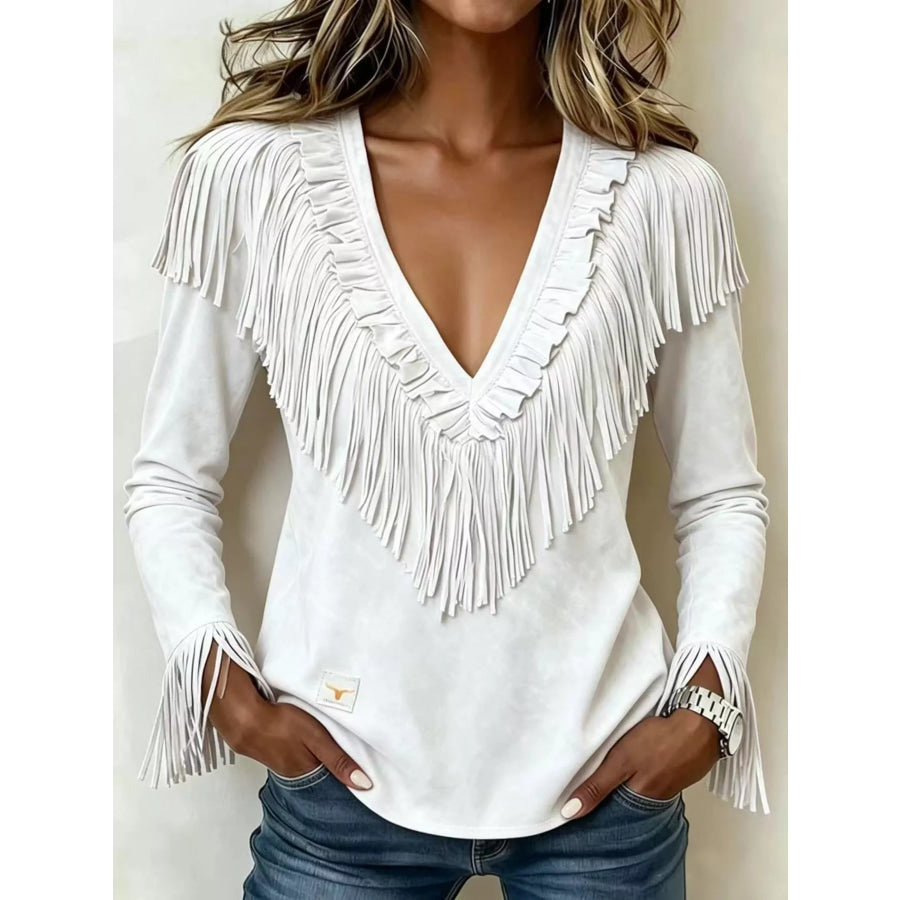 Fringed V-Neck Blouse Apparel and Accessories