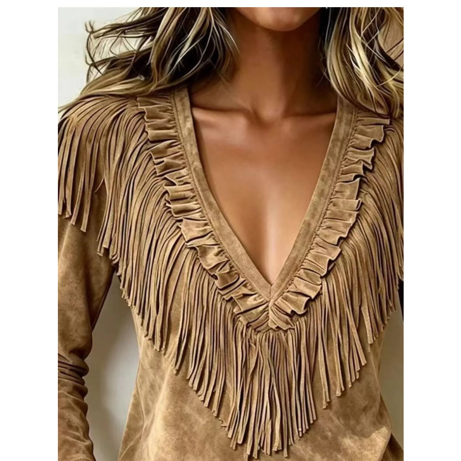 Fringed V-Neck Blouse Apparel and Accessories