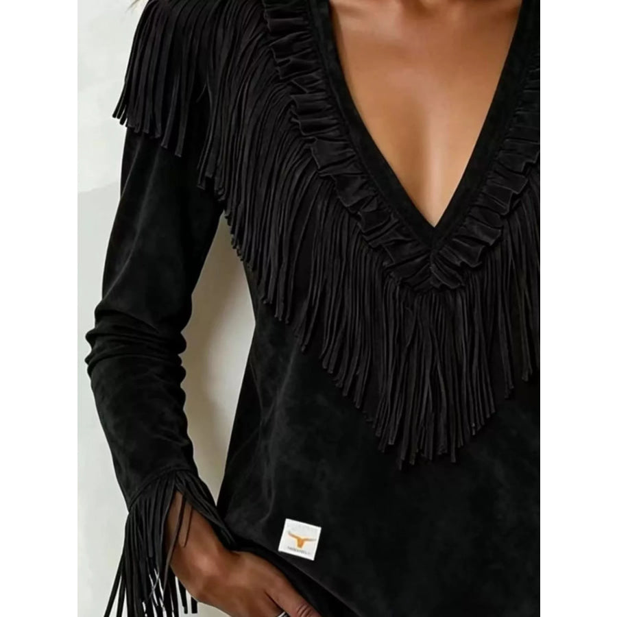 Fringed V-Neck Blouse Apparel and Accessories
