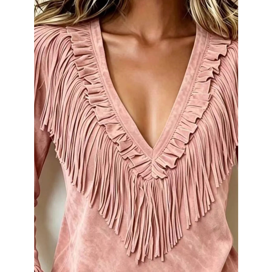 Fringed V-Neck Blouse Apparel and Accessories