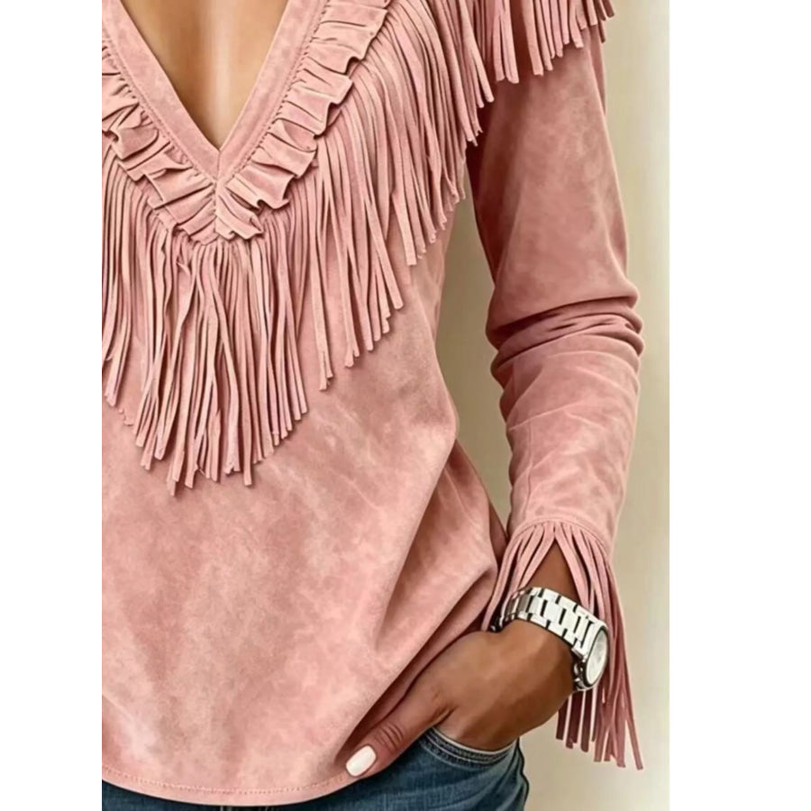 Fringed V-Neck Blouse Apparel and Accessories