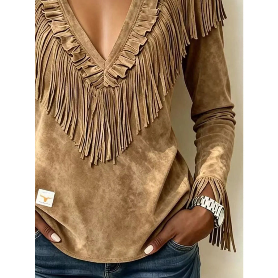 Fringed V-Neck Blouse Apparel and Accessories