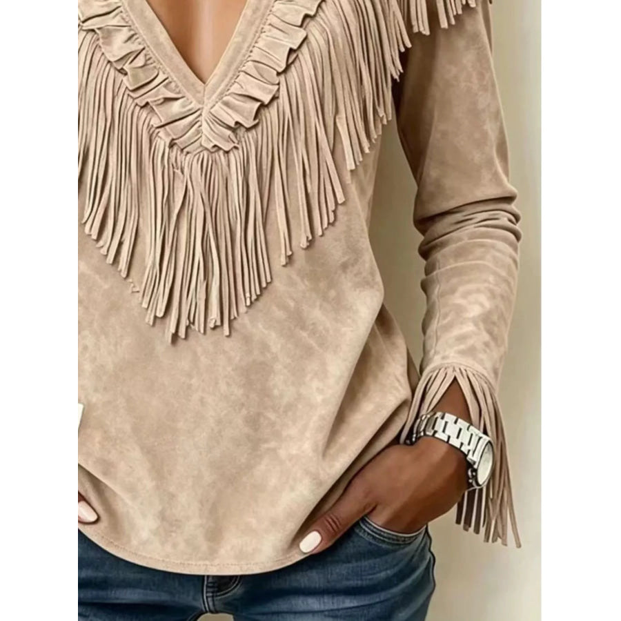 Fringed V-Neck Blouse Apparel and Accessories