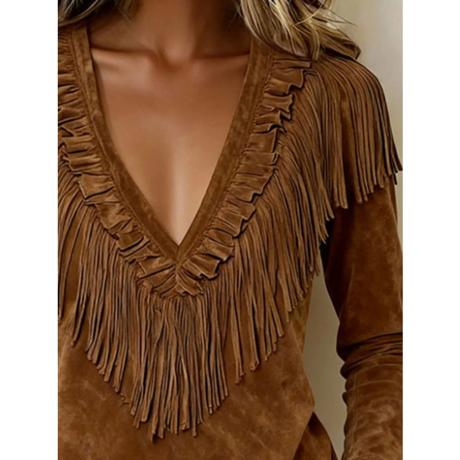 Fringed V-Neck Blouse Apparel and Accessories