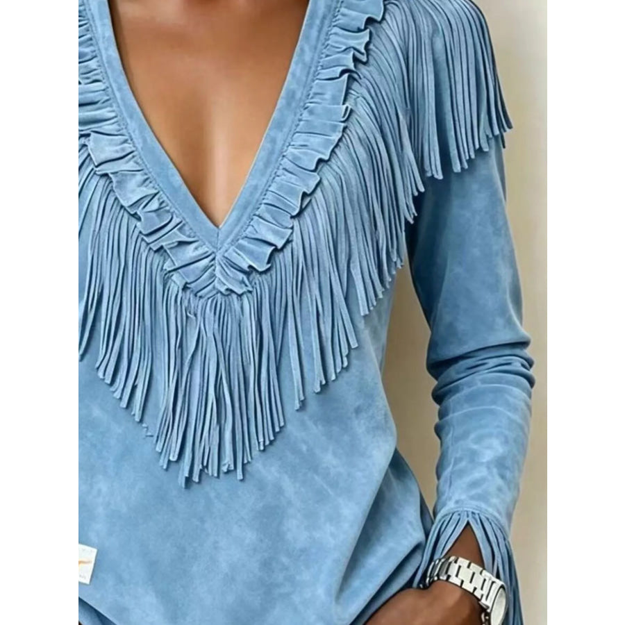 Fringed V-Neck Blouse Apparel and Accessories