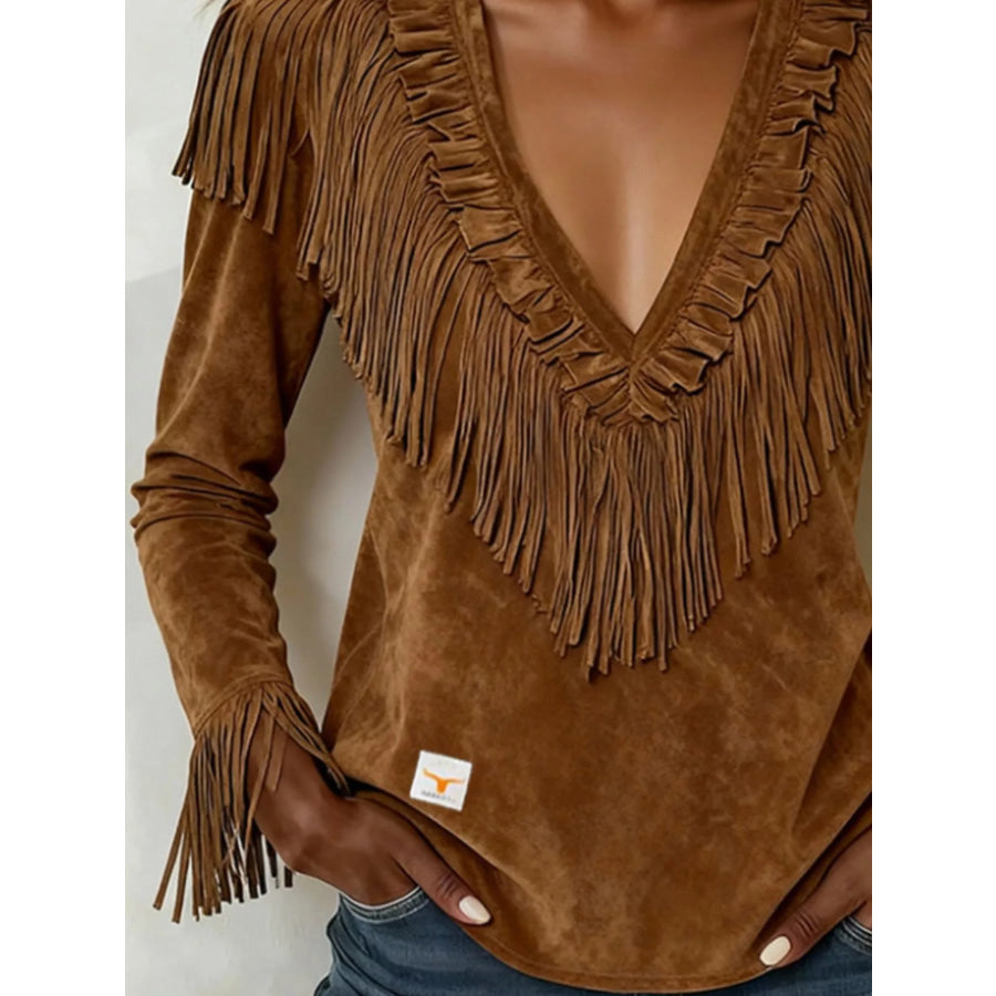 Fringed V-Neck Blouse Apparel and Accessories