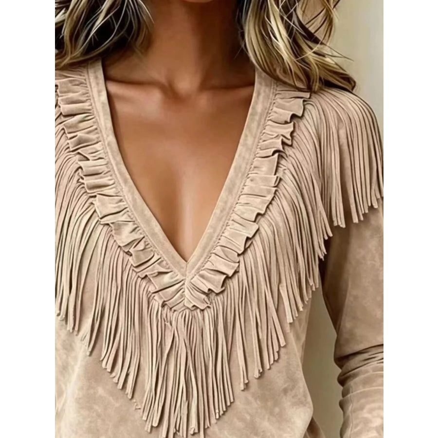 Fringed V-Neck Blouse Apparel and Accessories