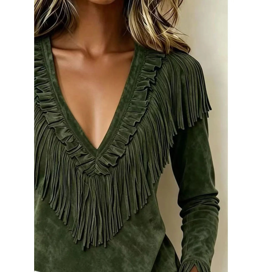 Fringed V-Neck Blouse Apparel and Accessories