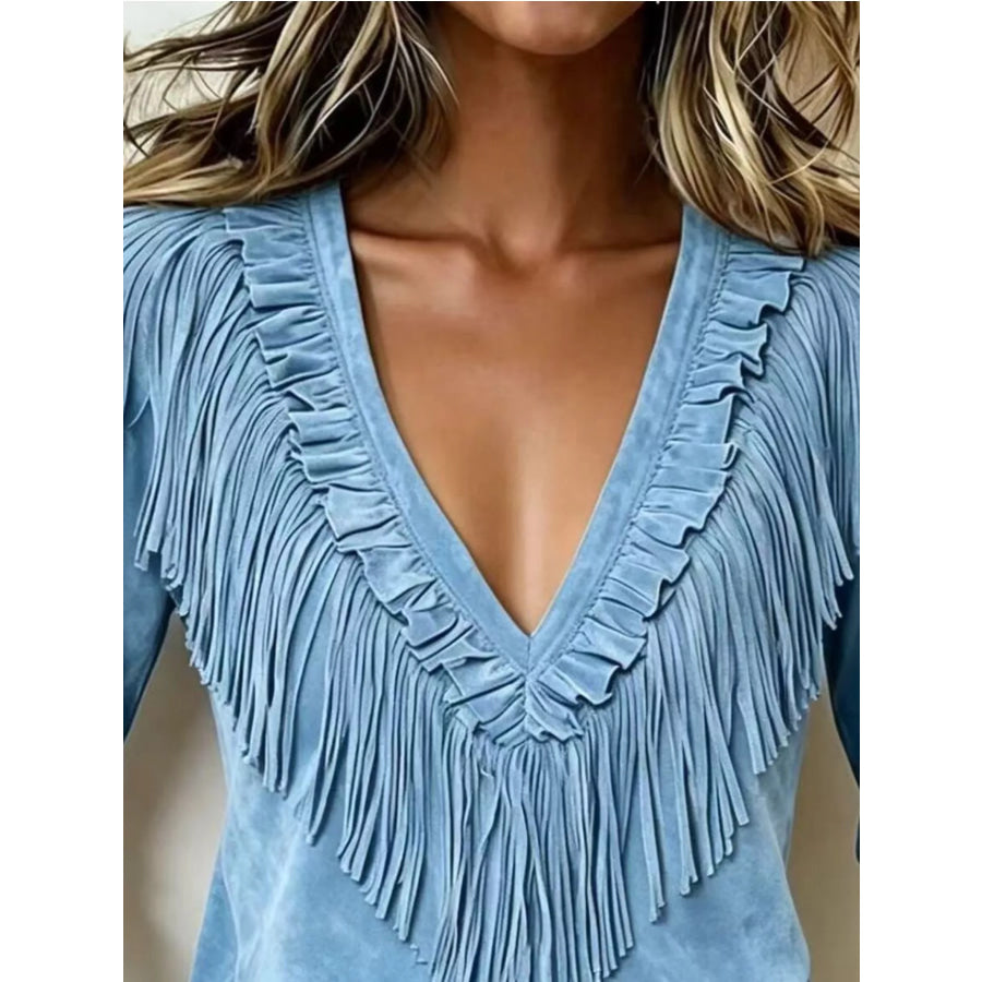 Fringed V-Neck Blouse Apparel and Accessories