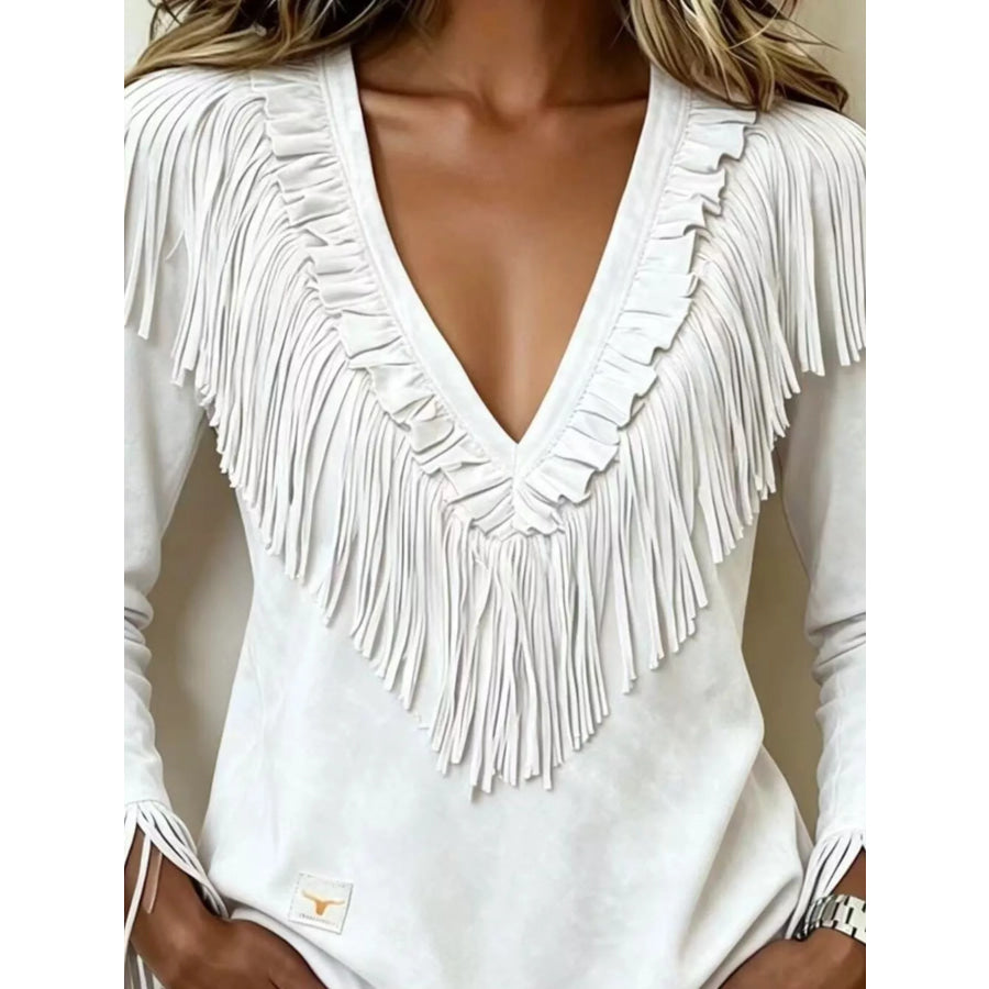 Fringed V-Neck Blouse Apparel and Accessories