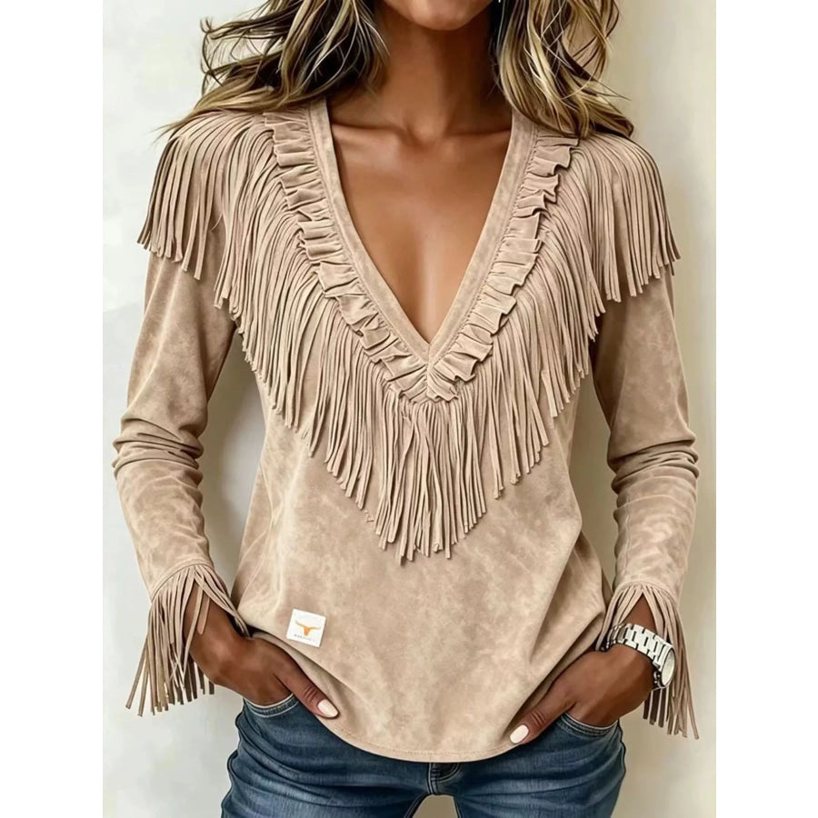 Fringed V-Neck Blouse Beige / S Apparel and Accessories