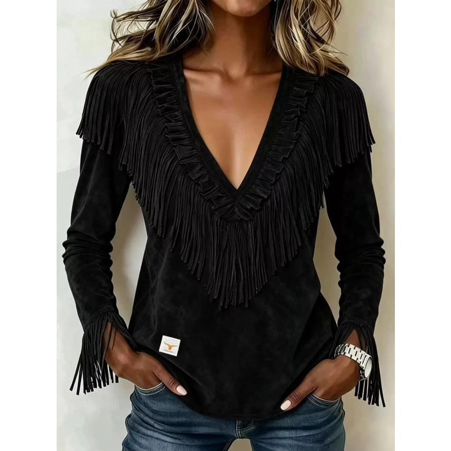 Fringed V-Neck Blouse Black / S Apparel and Accessories