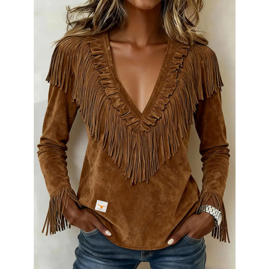 Fringed V-Neck Blouse Brown / S Apparel and Accessories